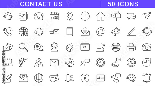 Contact Us icon set. Business contact us icons in line style. Editable web icons for communication, phone, email, contact, website and address. Vector illustration.