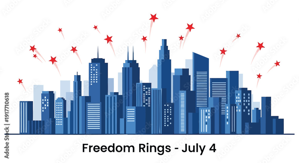 Obraz premium Independence day cityscape icon, Freedom Rings - July 4. Blue city skyline with red fireworks on white background. Vector illustration for USA holiday.