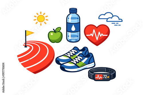 A collection of fitness and health icons including running shoes, a water bottle, a green apple, a heart rate monitor, and a track, all set against a solid black background.
