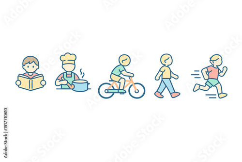 A set of five colorful flat icons depicting various daily activities including reading a book, cooking food, riding a bicycle, walking, and running on a dark background.