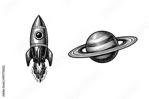 A vintage woodcut style illustration featuring a rocket ship launching into space next to a ringed planet, set against a solid black background in a monochrome engraving aesthetic.