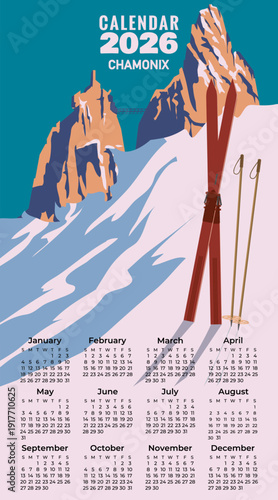 Monthly 2026 Calendar Vintage Travel poster Ski Chamonix resort. France winter landscape travel card