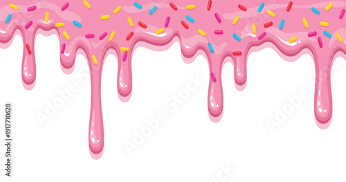 Glossy pink strawberry icing drips down with colorful sprinkles in this sweet cartoon vector border design on a transparent background