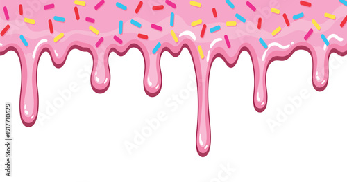 Glossy pink strawberry icing drips down with colorful sprinkles in this sweet cartoon vector border design on a transparent background