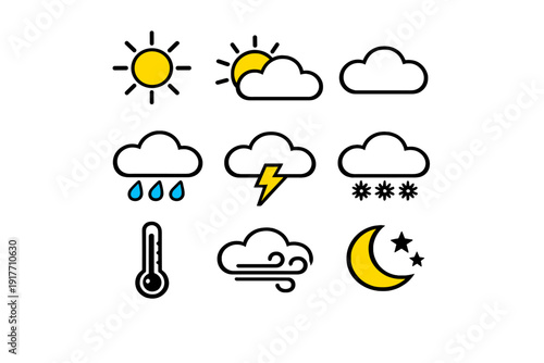 A collection of nine minimalist weather icons on a black background, featuring symbols for sun, clouds, rain, lightning, snow, temperature, wind, and a crescent moon with stars.