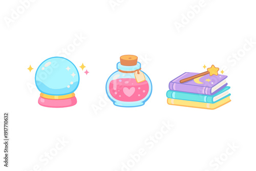 This illustration features a collection of magical items including a glowing blue crystal ball, a pink love potion bottle with a heart, and a stack of spell books with a star-tipped wand.