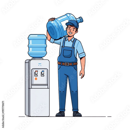 Illustration of a Drinking Water Gallon Delivery Officer Next to a Dispenser.