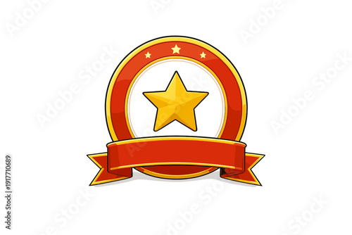 A glossy red and gold circular badge featuring a large central gold star and three smaller stars above it. A red banner wraps around the bottom of the emblem against a black background.