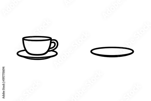 This minimalist black and white line art illustration depicts a coffee cup on a saucer alongside an empty oval plate, both presented as simple outlines on a dark background.