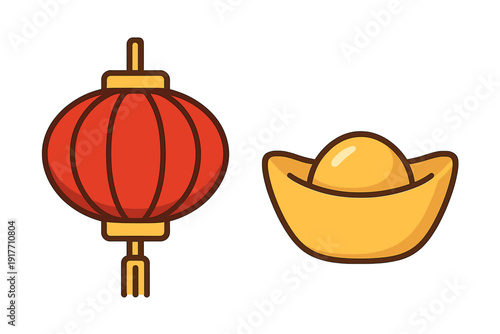 This flat vector clipart bundle includes a traditional red Chinese lantern and a golden sycee ingot, both isolated on a black background for Lunar New Year festival decorations.