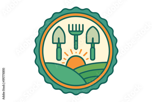 A circular badge illustration featuring two garden trowels and a rake above a rising sun and green rolling hills. The design uses a palette of green and orange on a cream background.