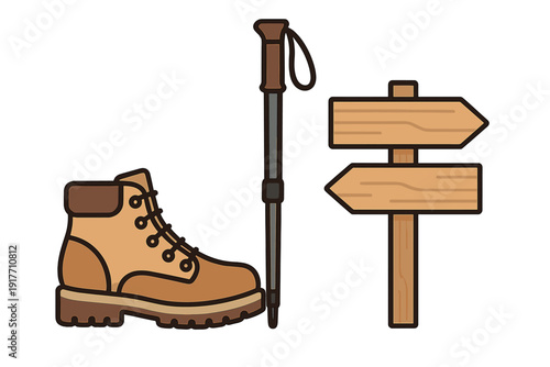 A flat vector illustration featuring a brown hiking boot, a trekking pole, and a wooden signpost with two arrows pointing in opposite directions on a black background.