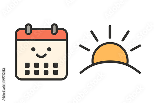 This flat vector graphic shows a cute smiling calendar next to a rising sun icon, symbolizing daylight saving time, morning routines, or daily scheduling concepts.