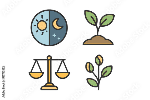 A set of four flat minimal icons representing the spring equinox, featuring a day and night cycle, a growing sprout, a balance scale, and a budding plant on a black background.