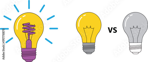 Light bulb comparison icon set with glowing energy efficient lamp and incandescent vs off bulb vector illustration
