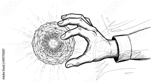 Hand interacting with molecular atom structure