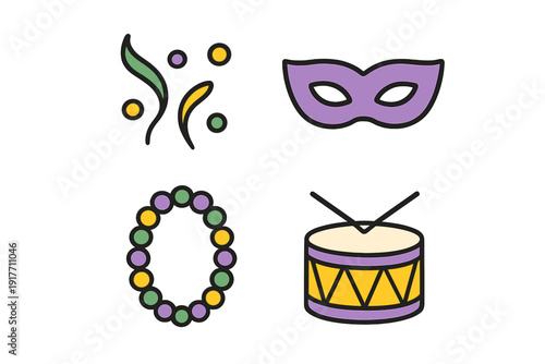 A collection of four flat Mardi Gras icons including a purple masquerade mask, a colorful bead necklace, a drum with sticks, and festive streamers on a solid black background.