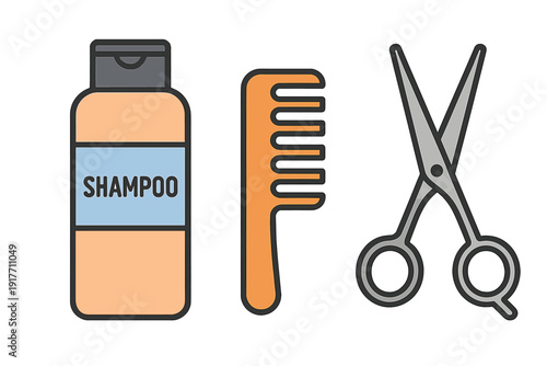 A flat vector illustration featuring a bottle of shampoo, an orange comb, and a pair of silver scissors against a black background, representing hair care and grooming tools.