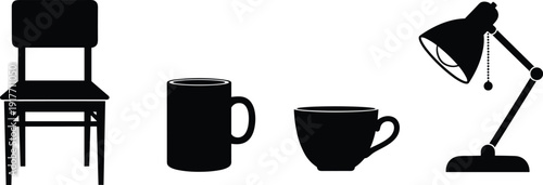 Black silhouettes of chair coffee mugs and desk lamp on white background