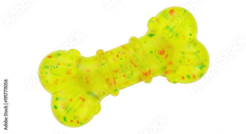 Photos Isolated yellow bone dog toy with red and green spots, fun animal accessory for