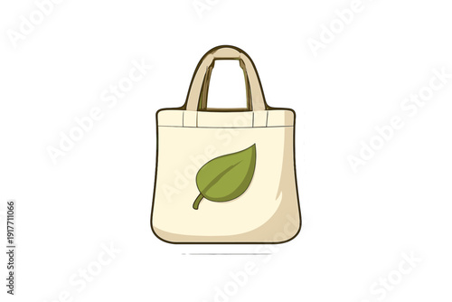 This sticker-style illustration depicts a cream reusable shopping bag with a green leaf design. The eco-friendly tote bag has brown handles and a thick white border.