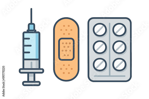 This minimalist vector illustration displays essential medical supplies including a blue syringe, a tan adhesive bandage, and a grey blister pack with white tablets.
