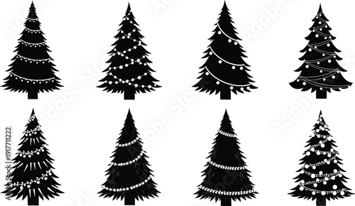 Black silhouette christmas trees with white string lights
