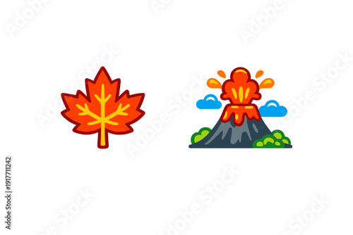 This illustration features a vibrant orange maple leaf next to an erupting volcano with red lava and blue clouds. Both icons are set against a solid black background in a flat style.