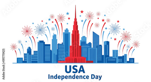 USA Independence Day city skyline icon with fireworks vector illustration, patriotic celebration symbol, American holiday emblem. Created in colorful style with red, white, and blue palette.