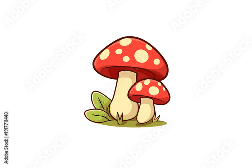 A digital illustration of two red mushrooms with white spots growing from a small patch of green grass. The image features a large and a small mushroom against a solid black background.