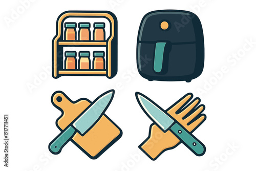 A set of four kitchen-themed illustrations featuring a spice rack with jars, a modern air fryer, a wooden cutting board with a knife, and a knife block with several handles showing.