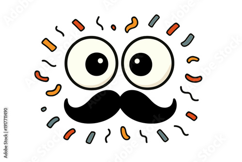 This graphic illustration showcases a pair of large googly eyes and a black mustache against a black background, accented by vibrant confetti pieces for a festive look.