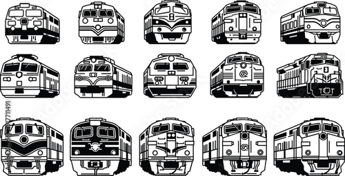 Black and white train locomotives in various styles and transportation railway