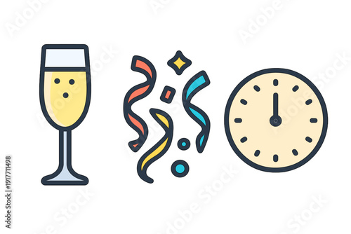 A cartoon vector sticker set for New Year's Eve featuring a champagne glass with bubbles, colorful confetti streamers, and a clock showing midnight on a black background.
