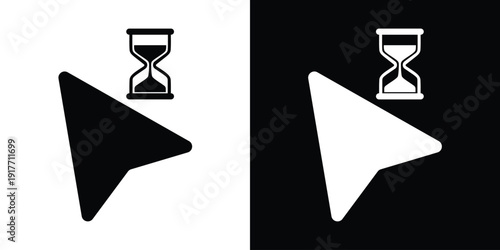 Solid black and white arrow cursor with an hourglass loading symbol. Indicates background processing, waiting time, or system busy status. Professional vector for digital user experience.