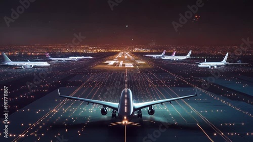 Airplanes waiting on an airport runway at night, surrounded by numerous guiding lights, with a city skyline glowing in the background, symbolizing global travel and aviation systems
