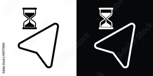 Solid black and white arrow cursor with an hourglass loading symbol. Indicates background processing, waiting time, or system busy status. Professional vector for digital user experience.
