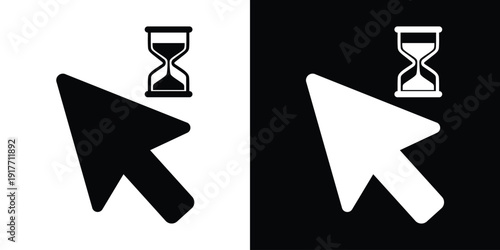 Solid black and white arrow cursor with an hourglass loading symbol. Indicates background processing, waiting time, or system busy status. Professional vector for digital user experience.