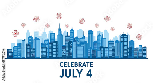 City skyline celebrate July 4th vector illustration, blue buildings and fireworks on white background.