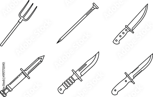 Tactical knife and utility tool icon set with combat dagger hunting blade and pitchfork for outdoor survival vector