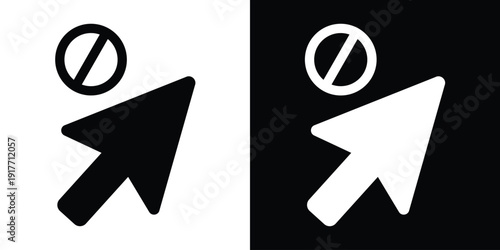 Mouse cursor icon with a prohibited stop sign. Represents restricted access, error, or disabled actions. Minimalist black and white vector graphic for web UI and interface error states.