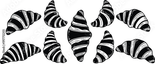 Black and white of multiple croissants pastry bakery food