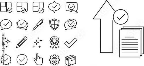 Validation icon set with checkmark shield ribbon gear and document upload for website ui ux design vector