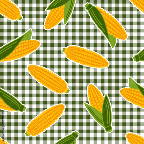 Seamless maize pattern on checkered gingham background. Randomly scattered corn cobs. Simple, minimalistic style. Perfect for food packaging, kitchen textiles, rustic branding
