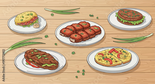 Delicious Assortment of Meals and Dishes Displayed on Wooden Surface