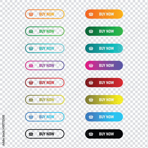 Buy now button flat icon set isolated on transparent background, modern ecommerce call to action symbols in different styles and colors, web and app UI design elements pack
