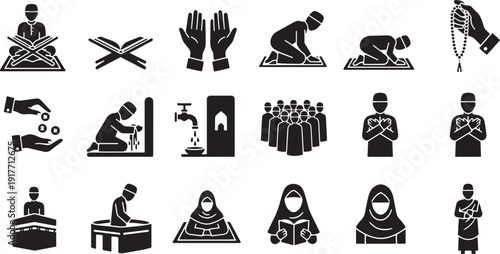 Muslim prayer positions and religious activities icons set showing wudu ritual bowing prostration and quran reading art