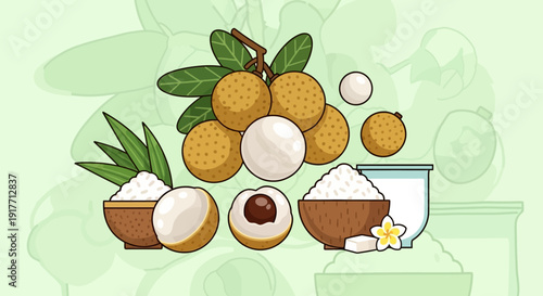 Fresh Ripe Longans and Coconut Milk in Bowls With Green Leaves Illustration