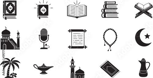 Islamic icons collection featuring quran book prayer beads mosque crescent moon and traditional elements for ramadan art