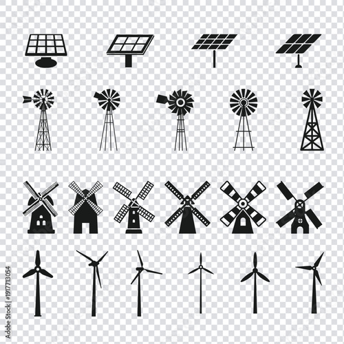 Eco-friendly energy concept with solar panels and wind turbines isolated on transparent background, representing sustainable power, green technology, and renewable energy solutions